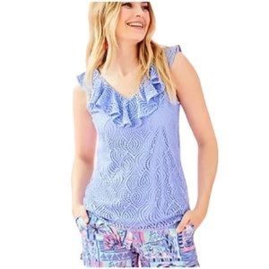 New Lilly Pulitzer Blue Peri Flowing Leaf Alessa Tank Top XS Ruffle V-Neck